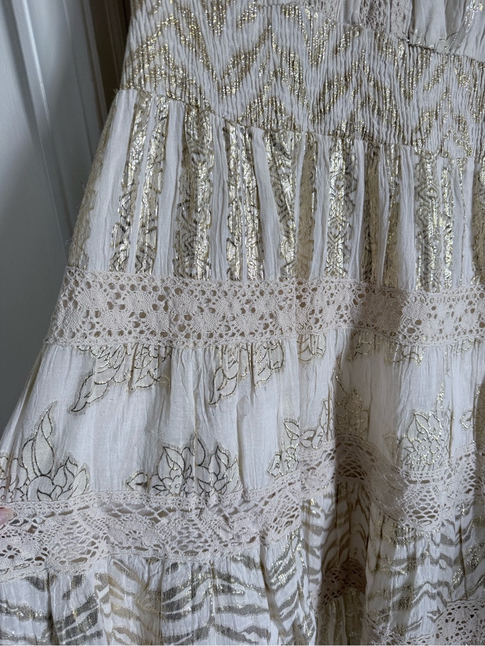 NWT Stunning Shimmery Cream and Gold Lace Metallic Embroidered Boho Midi Dress - Picture 4 of 15